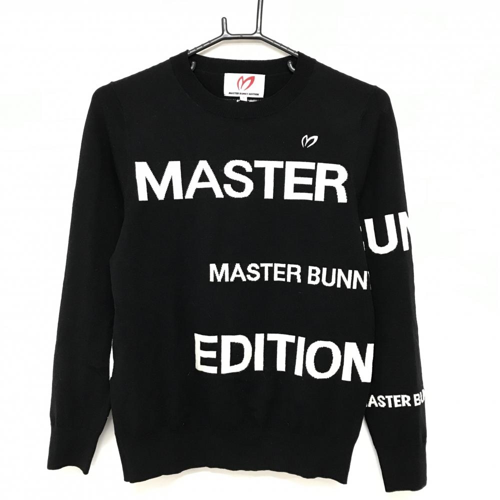 【超美品】マスターバニー セーター 黒×白 ビッグロゴ総柄 ウール混  レディース 1(M) ゴルフウェア MASTER BUNNY EDITION