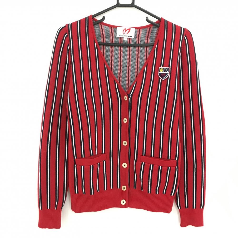 マスターバニー ニットカーディガン レッド×ネイビー ストライプ レディース 1(M) ゴルフウェア MASTER BUNNY EDITION