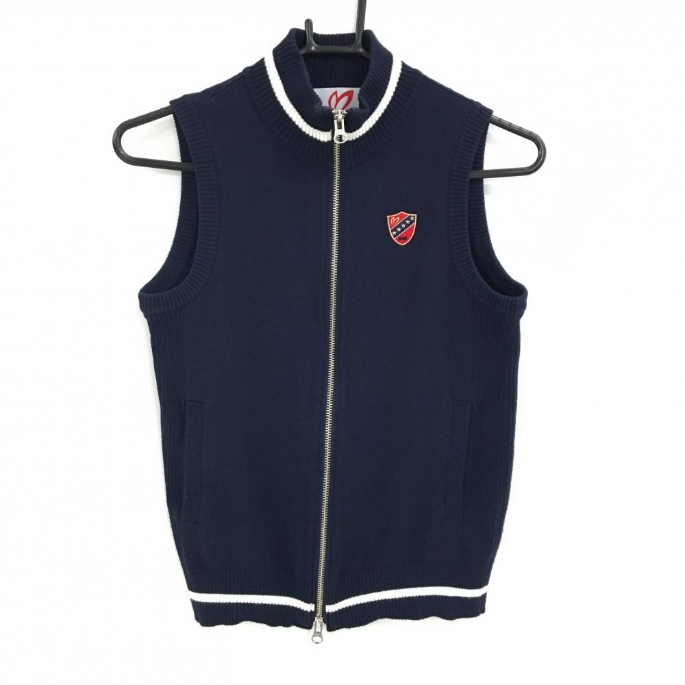 マスターバニー ニットジップベスト ネイビー×白 胸ロゴ ダブルジップ