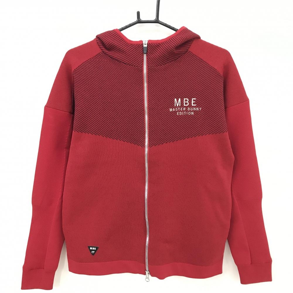 【超美品】マスターバニー ニットジップパーカー レッド×黒 一部斜めストライプ  レディース 2(L) ゴルフウェア MASTER BUNNY EDITION