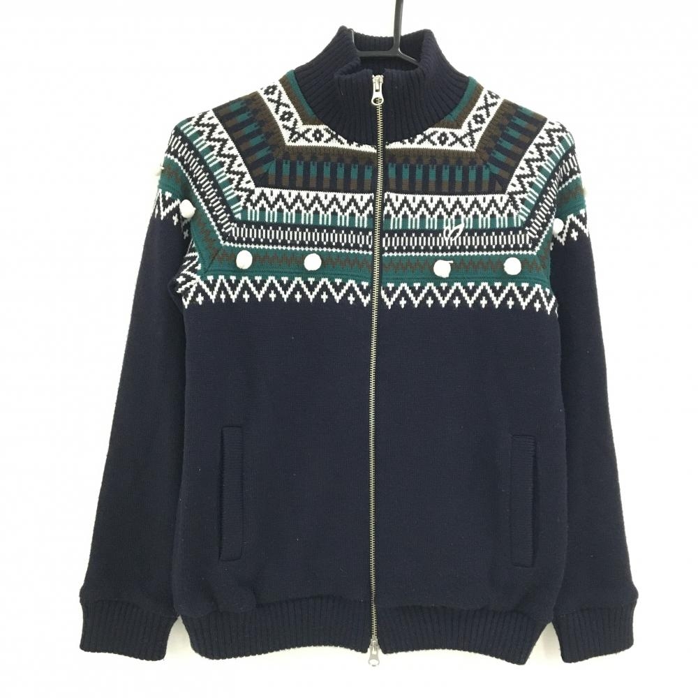 マスターバニー ニットジャケット ダークネイビー×白×グリーン系 裏地付き  レディース 1(M) ゴルフウェア MASTER BUNNY EDITION