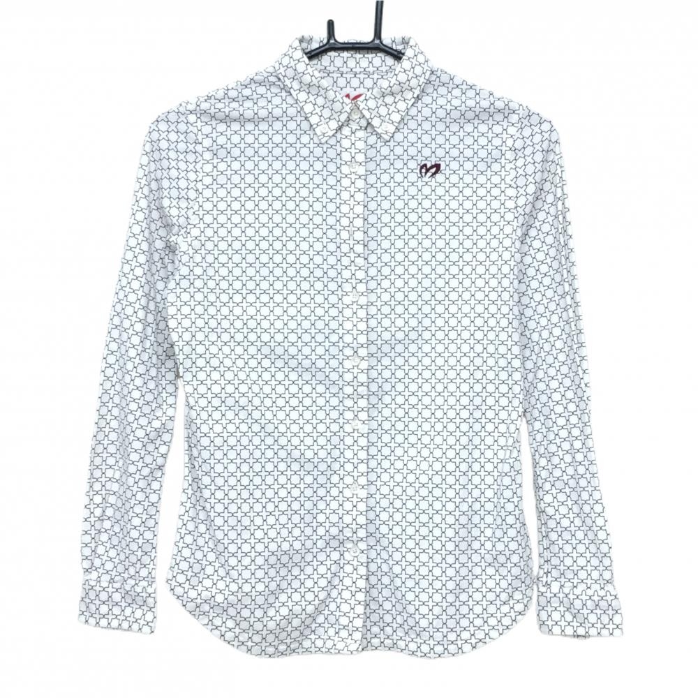 【超美品】マスターバニー 長袖シャツ 白×ダークブラウン 総柄 ボタンダウン  レディース 0(S) ゴルフウェア MASTER BUNNY EDITION