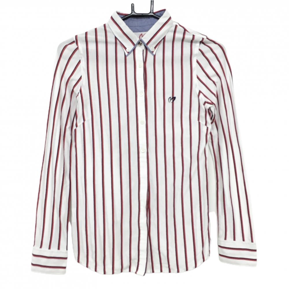 【美品】マスターバニー 長袖シャツ 白×レッド ストライプ コットン100%ボタンダウン レディース 0(S) ゴルフウェア MASTER BUNNY EDITION