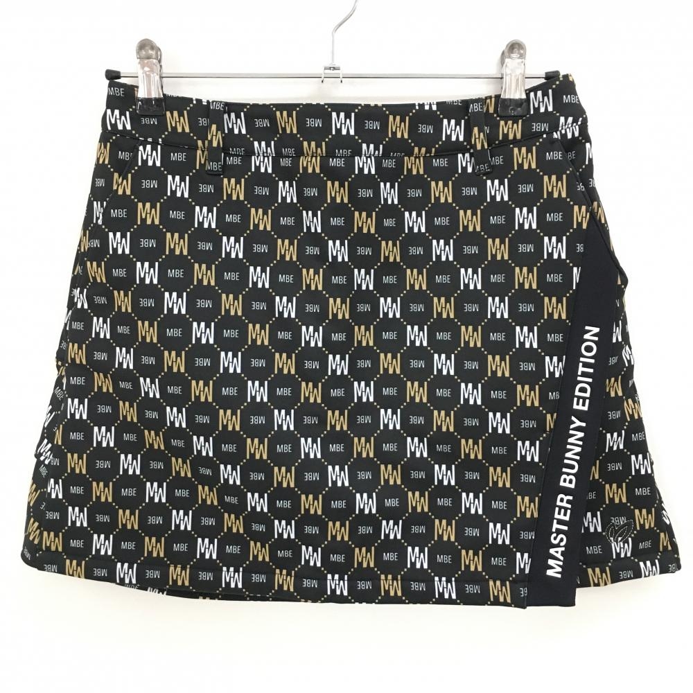 【超美品】マスターバニー スカート 黒×白×ベージュ ロゴ総柄 裏起毛 レディース 2(L) ゴルフウェア 2023年モデル MASTER BUNNY EDITION
