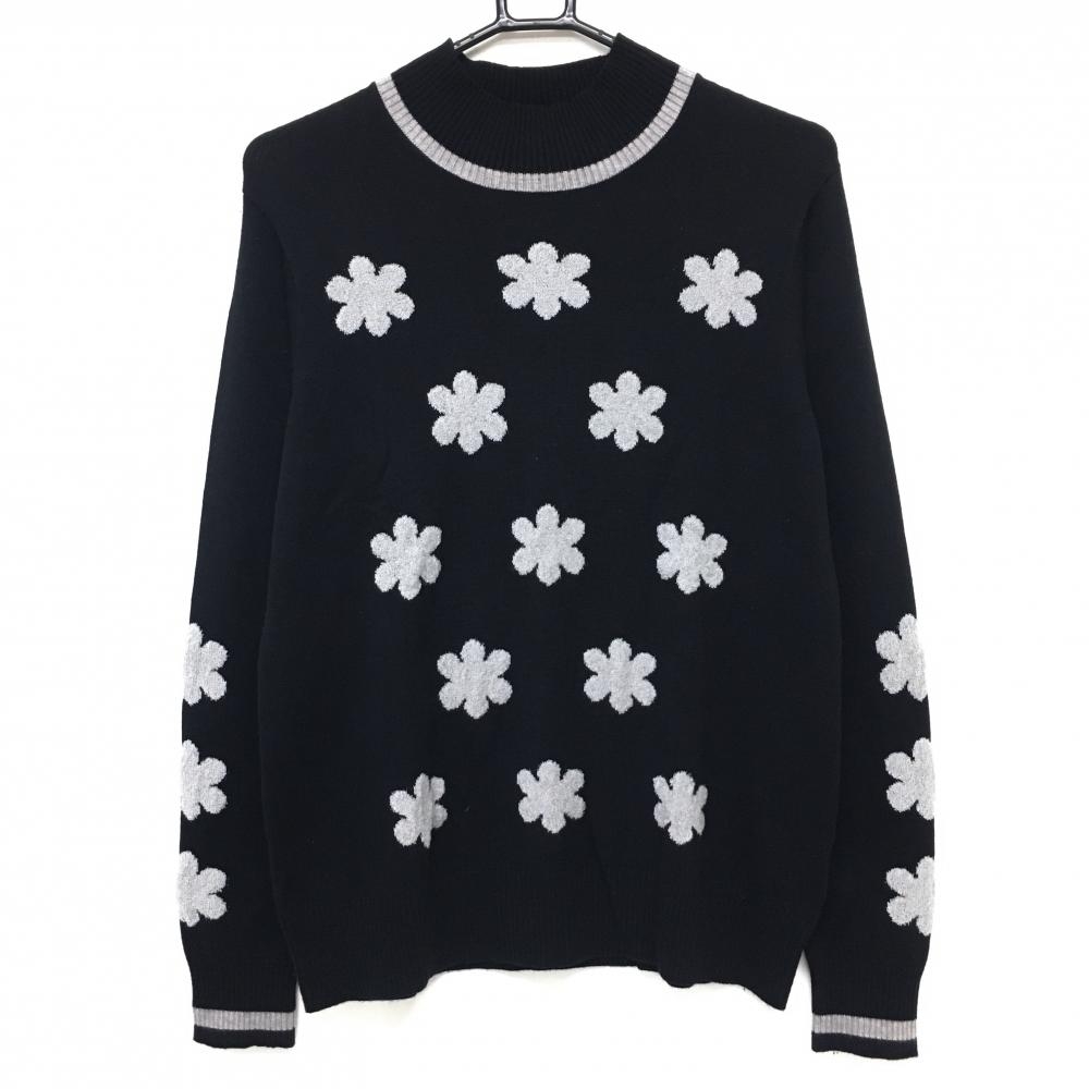 【美品】マリクレール ハイネックセーター 黒×グレー 花柄 ニット  レディース L ゴルフウェア marie claire