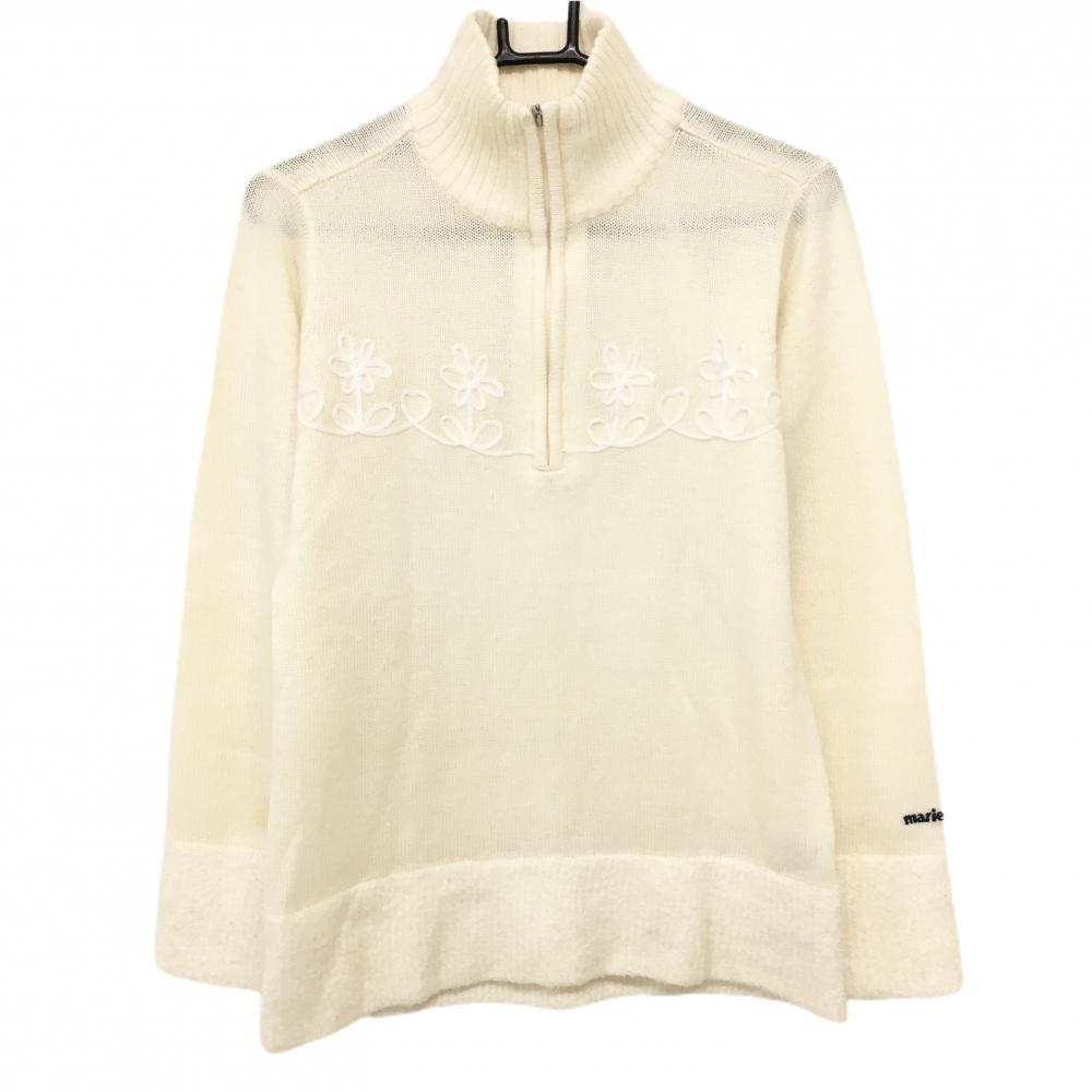 マリクレールスポール ハイネックセーター アイボリー 胸元花 ハーフジップ ニット ウール混 レディース L ゴルフウェア marie claire
