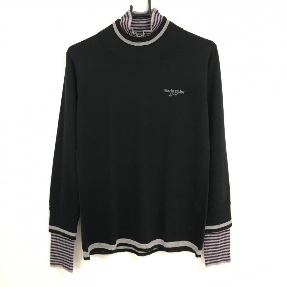 【超美品】マリクレールスポール ハイネックセーター 黒×グレー 一部ボーダー ロゴ刺しゅう  レディース LL ゴルフウェア marie claire