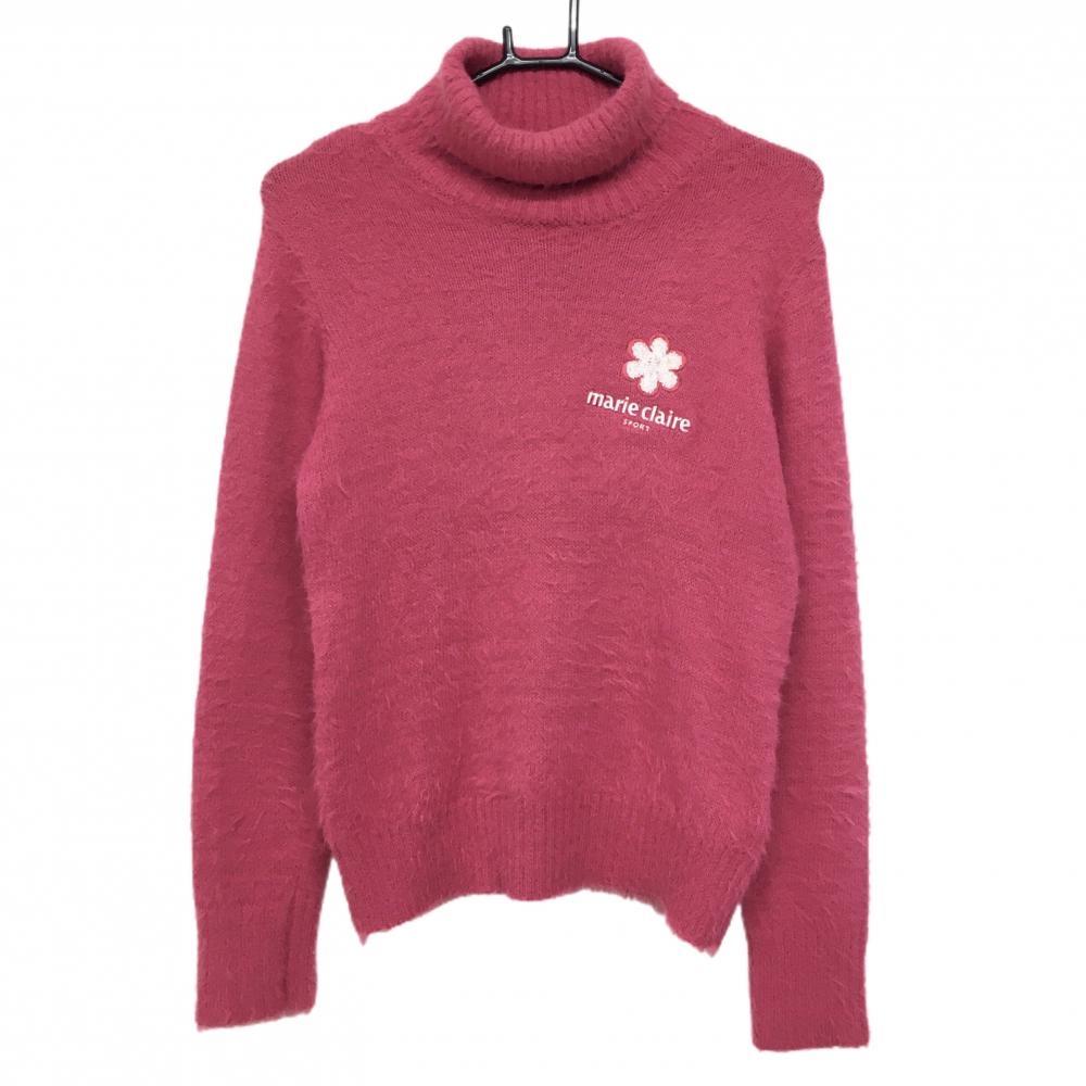 【美品】マリクレール タートルネックセーター ピンク ロゴ白 ニット レディース M ゴルフウェア marie claire
