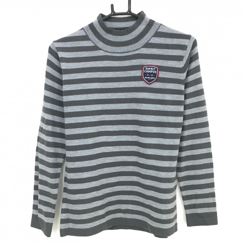 【超美品】マリクレールスポール ハイネックセーター グレー×ライトグレー ボーダー ワッペン  レディース L ゴルフウェア marie claire