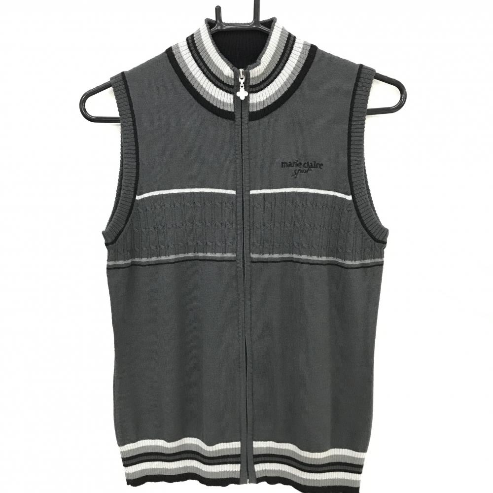 【超美品】マリクレールスポール ニットベスト グレー×ライトグレー フルジップ  レディース M ゴルフウェア marie claire