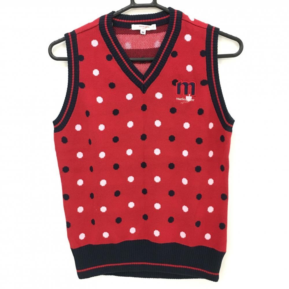 【超美品】マリクレールスポール ニットベスト レッド×ネイビー ドット柄 Vネック レディース M ゴルフウェア marie claire