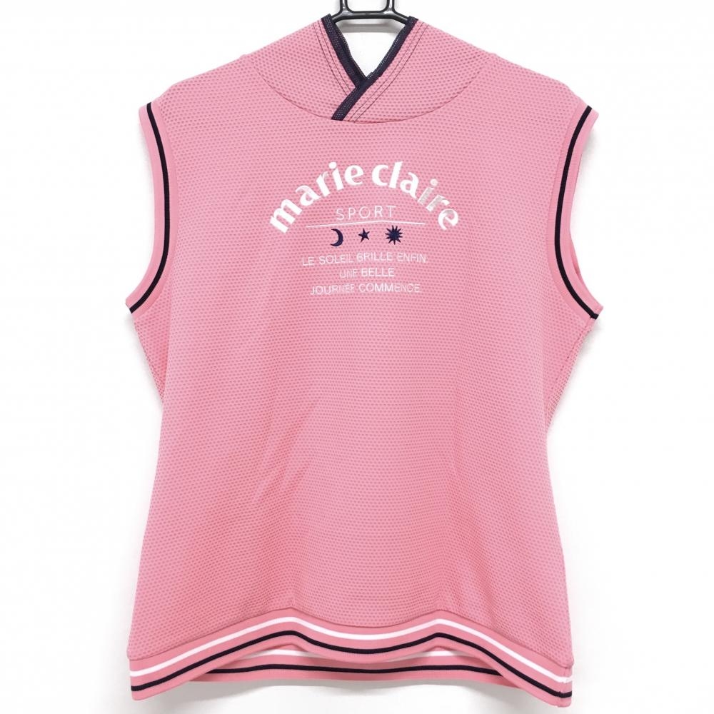 【超美品】マリクレール ノースリーブシャツ ピンク×ネイビー フード風 凹凸生地 レディース 3L ゴルフウェア marie claire 画像