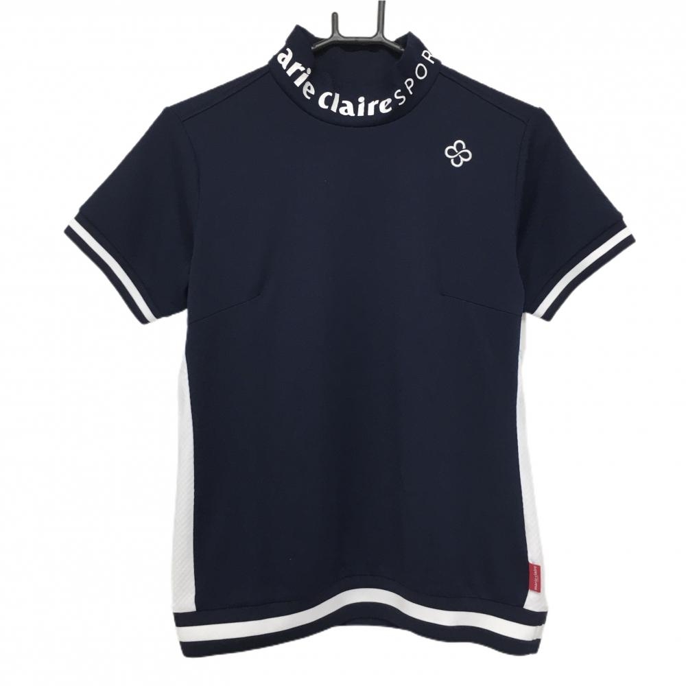 【美品】マリクレールスポール 半袖ハイネックシャツ ネイビー×白 ネックロゴプリント 地模様 レディース L ゴルフウェア marie claire