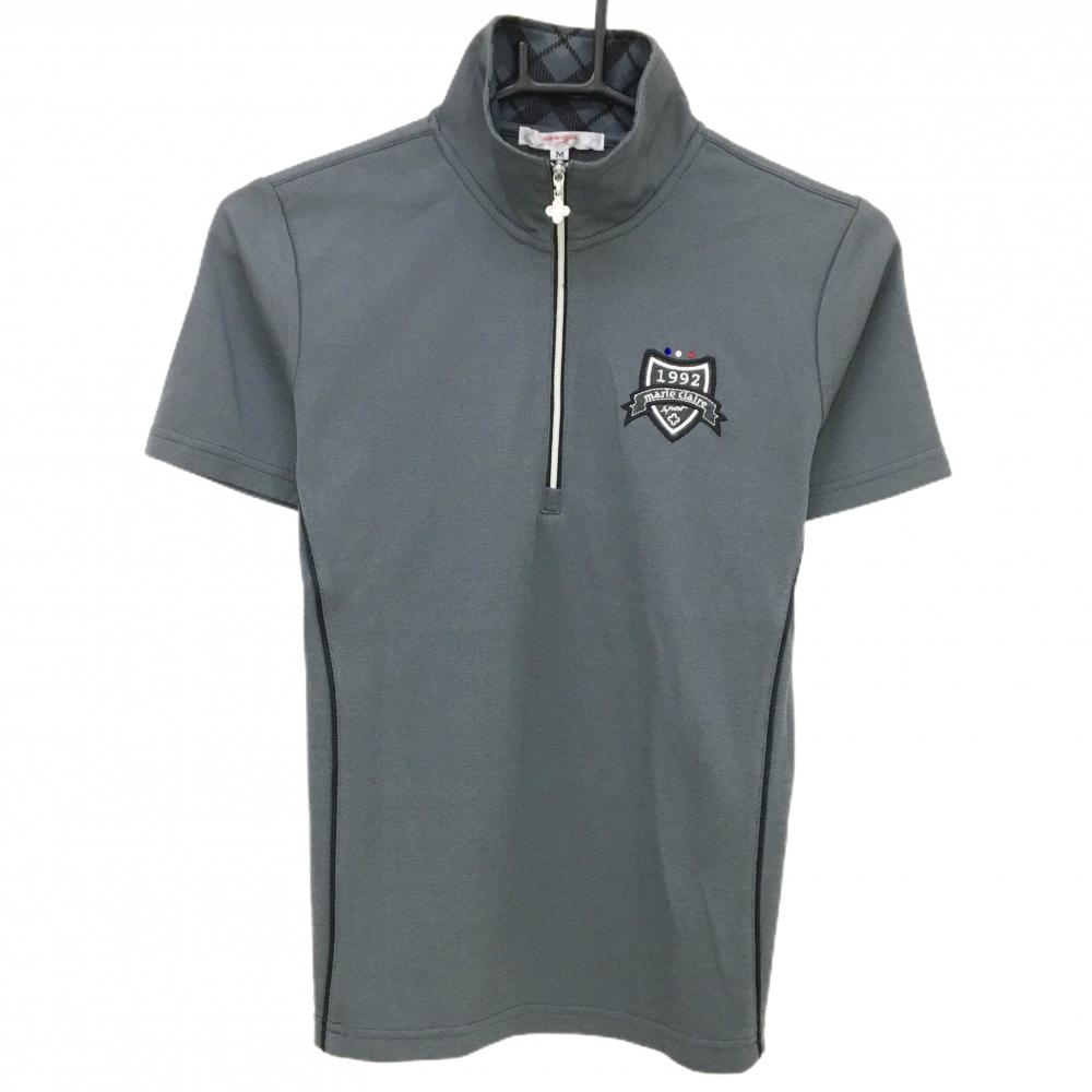 【超美品】マリクレールスポール 半袖ハイネックシャツ グレー ネック内側チェック ハーフジップ レディース M ゴルフウェア marie claire