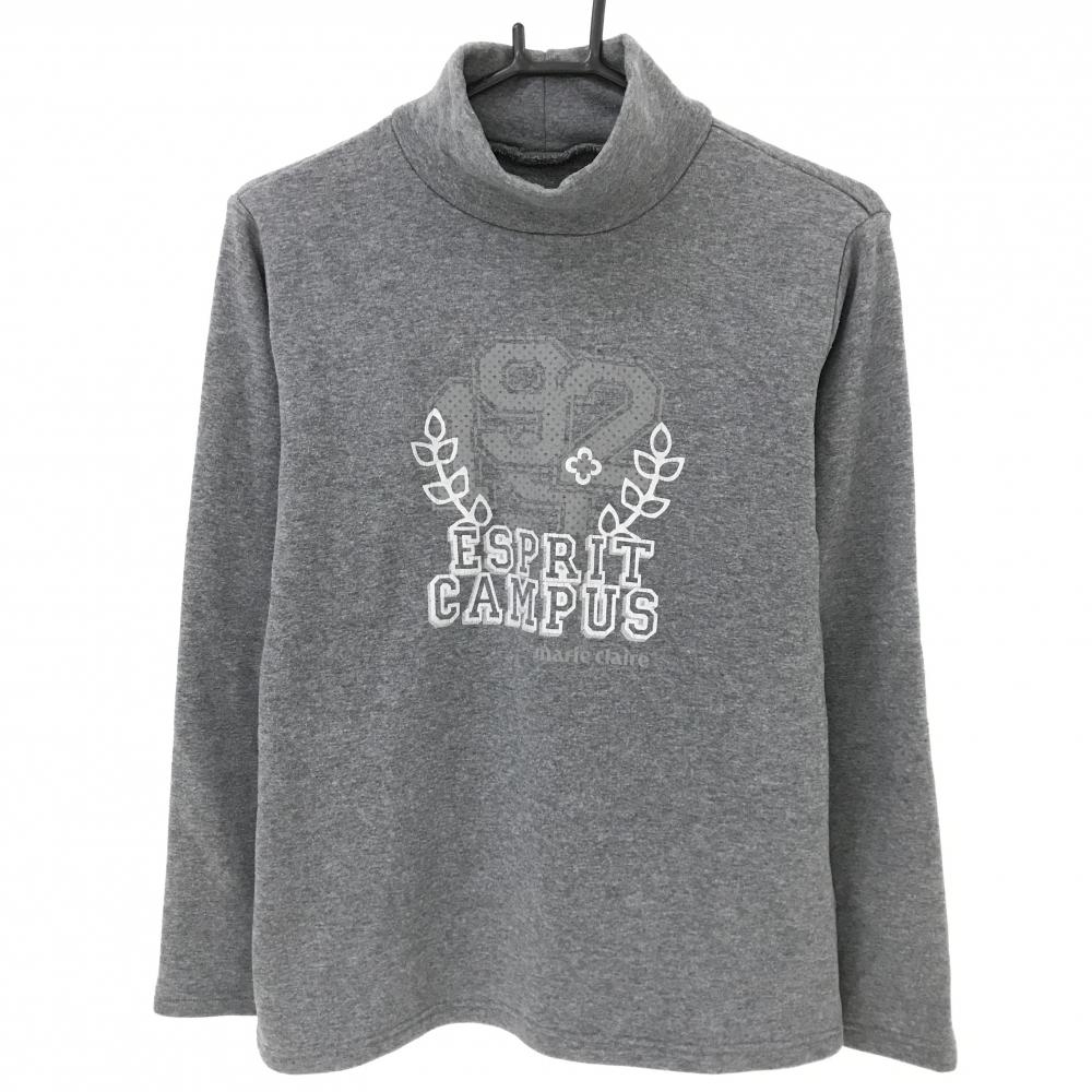 マリクレール 長袖ハイネックシャツ 杢グレー×ライトグレー ビッグプリント 裏起毛  レディース L ゴルフウェア marie claire