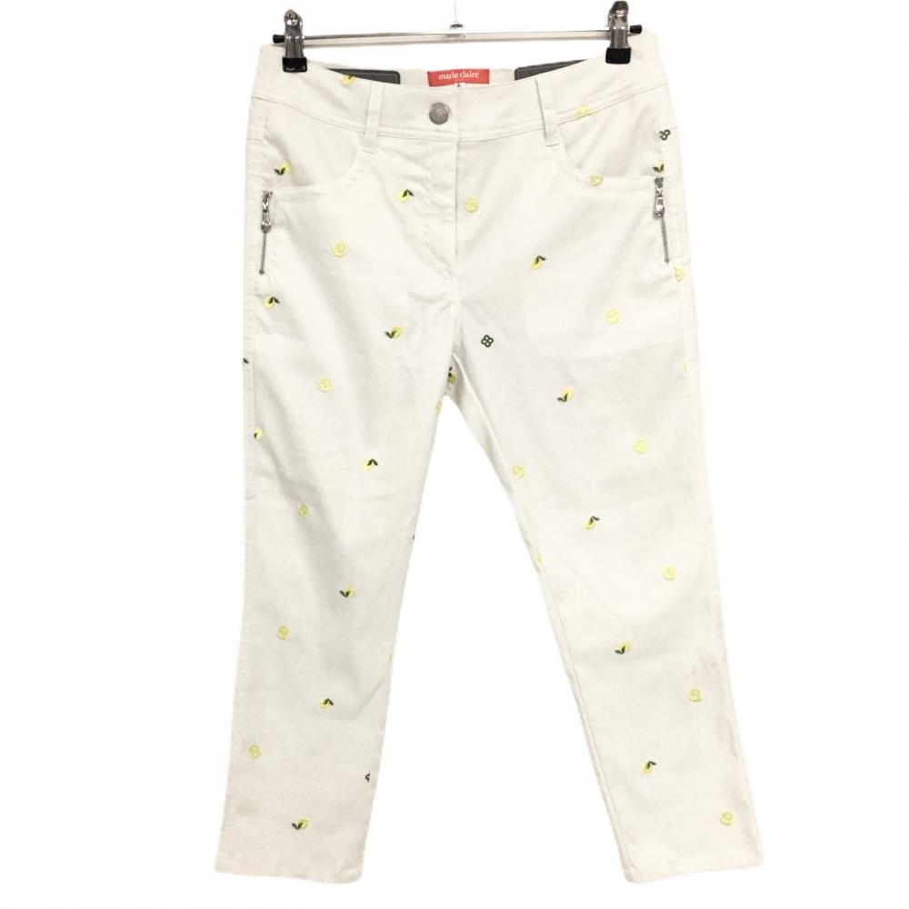 マリクレールスポール 半端丈パンツ 白×イエロー レモン刺しゅう総柄 一部裏地  レディース L ゴルフウェア marie claire