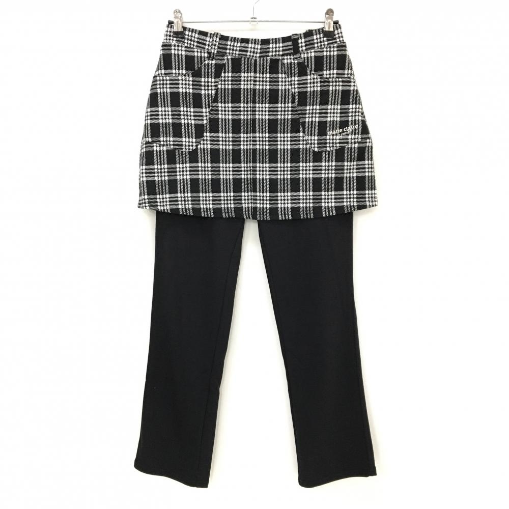 【美品】マリクレールスポール レギンス付スカート 黒×白 チェック 微起毛 ロゴ刺しゅう レディース LL ゴルフウェア marie claire