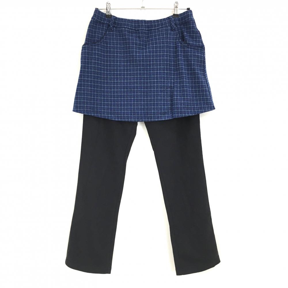 【美品】マリクレールスポール レギンス付スカート ブルー×黒 チェック 微起毛 ウエストゴム レディース LL ゴルフウェア marie claire