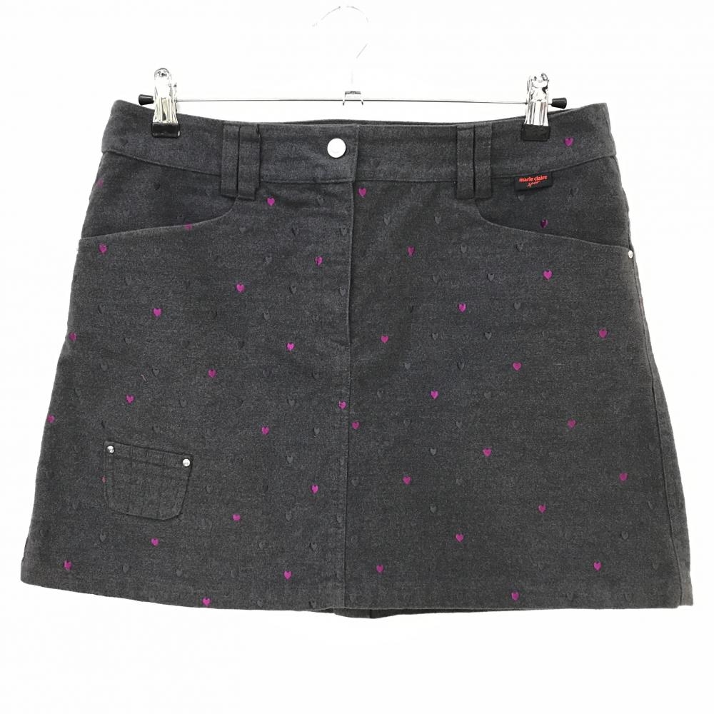【美品】マリクレールスポール スカート ダークグレー×パープル ハート総柄刺しゅう 微起毛  レディース LL ゴルフウェア marie claire