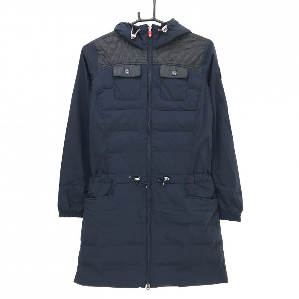 マンシングウェア ダウンワンピース ネイビー×黒 一部ダウン フード ロングジャケット レディース M ゴルフウェア Munsingwear