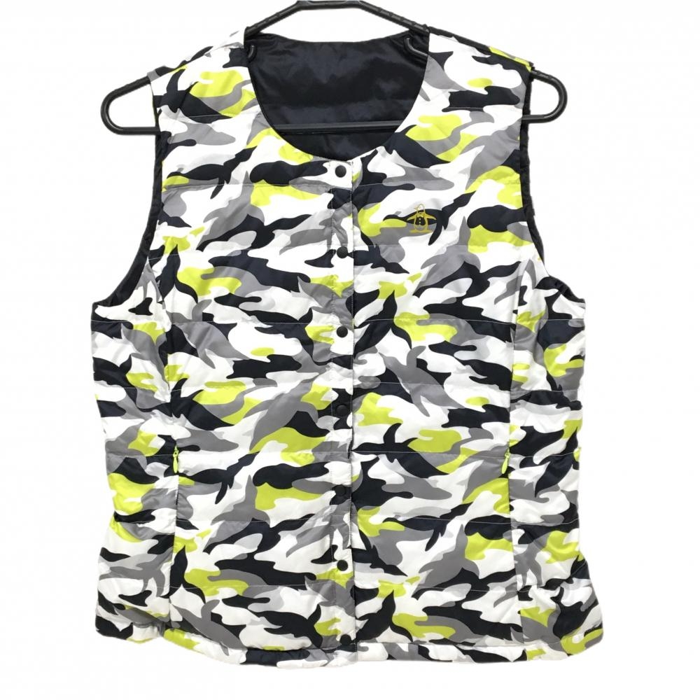 【美品】マンシングウェア リバーシブルダウンベスト 黒×白 片面ペンギン総柄 カモフラ調 レディース L ゴルフウェア Munsingwear