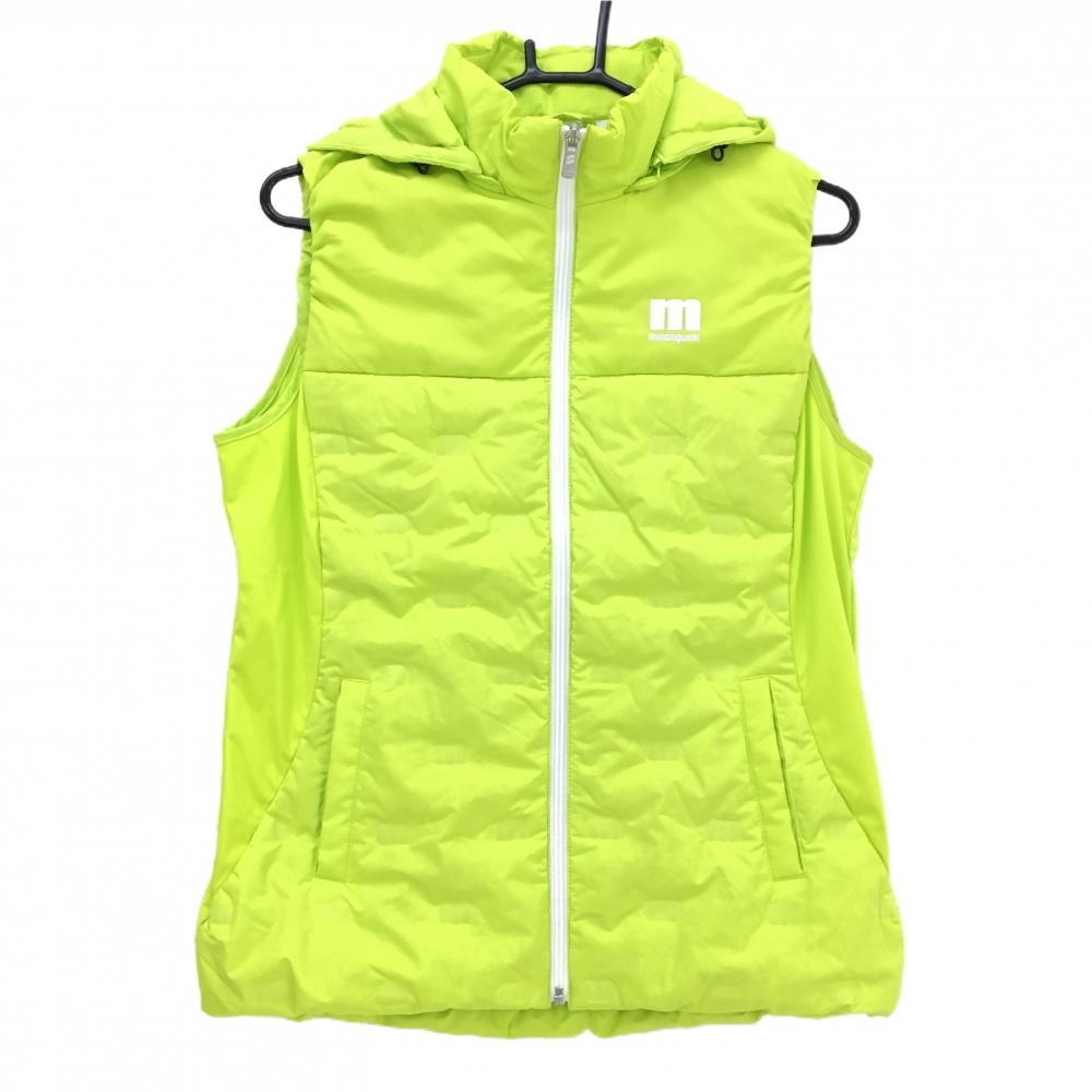 マンシングウェア 2WAYダウンベスト ライトグリーン ロゴ総柄地模様 フード着脱可  レディース L ゴルフウェア Munsingwear