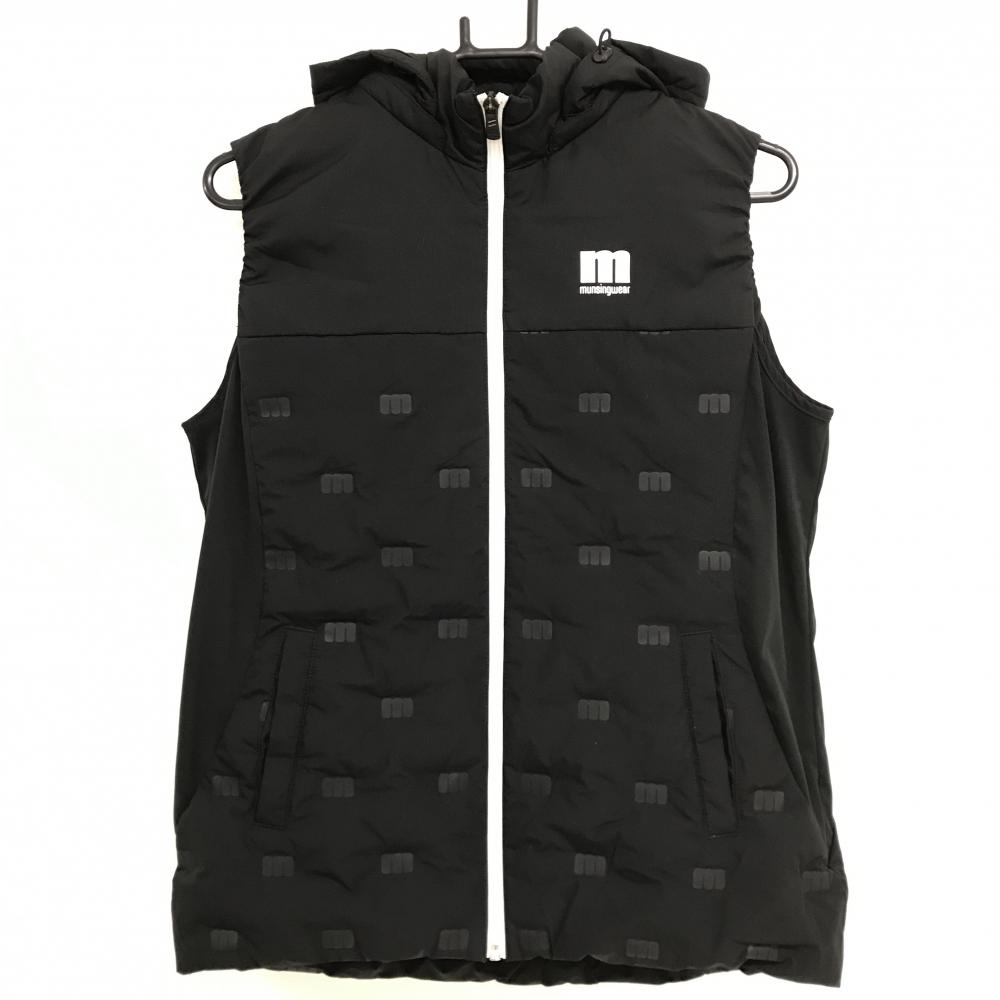 【美品】マンシングウェア ダウンベスト 黒 一部ロゴ柄 フード取外し可 切替  レディース L ゴルフウェア Munsingwear