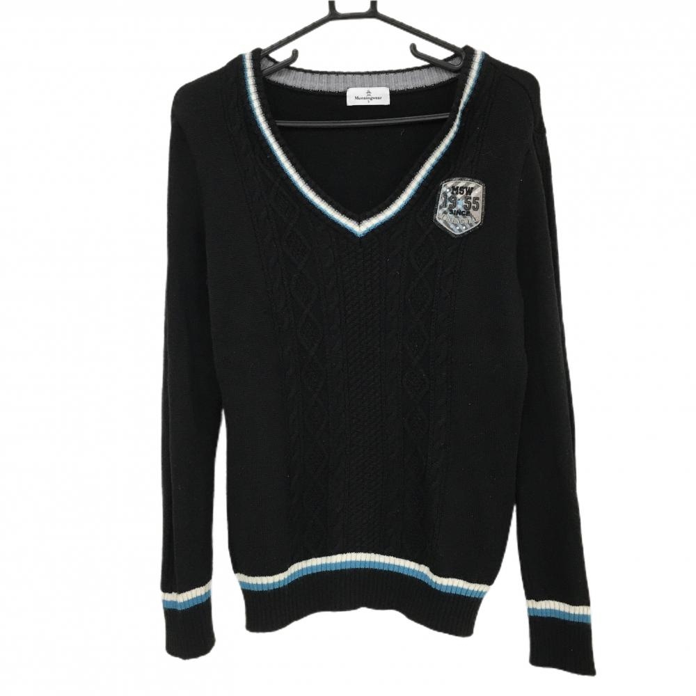 【美品】マンシングウェア セーター 黒×白×ライトブルー 一部ケーブル編み ニット ウール混 レディース L ゴルフウェア Munsingwear
