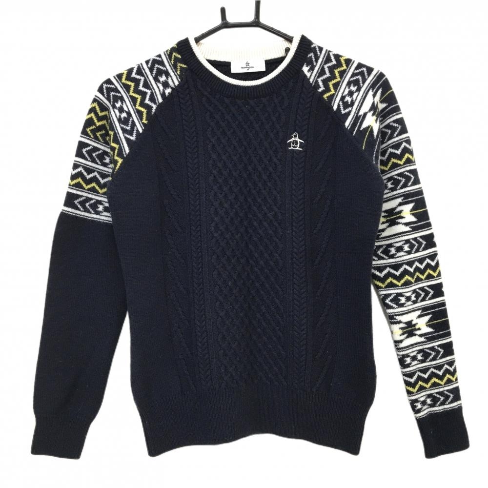 【美品】マンシングウェア セーター ネイビー×白 袖総柄  レディース M ゴルフウェア Munsingwear