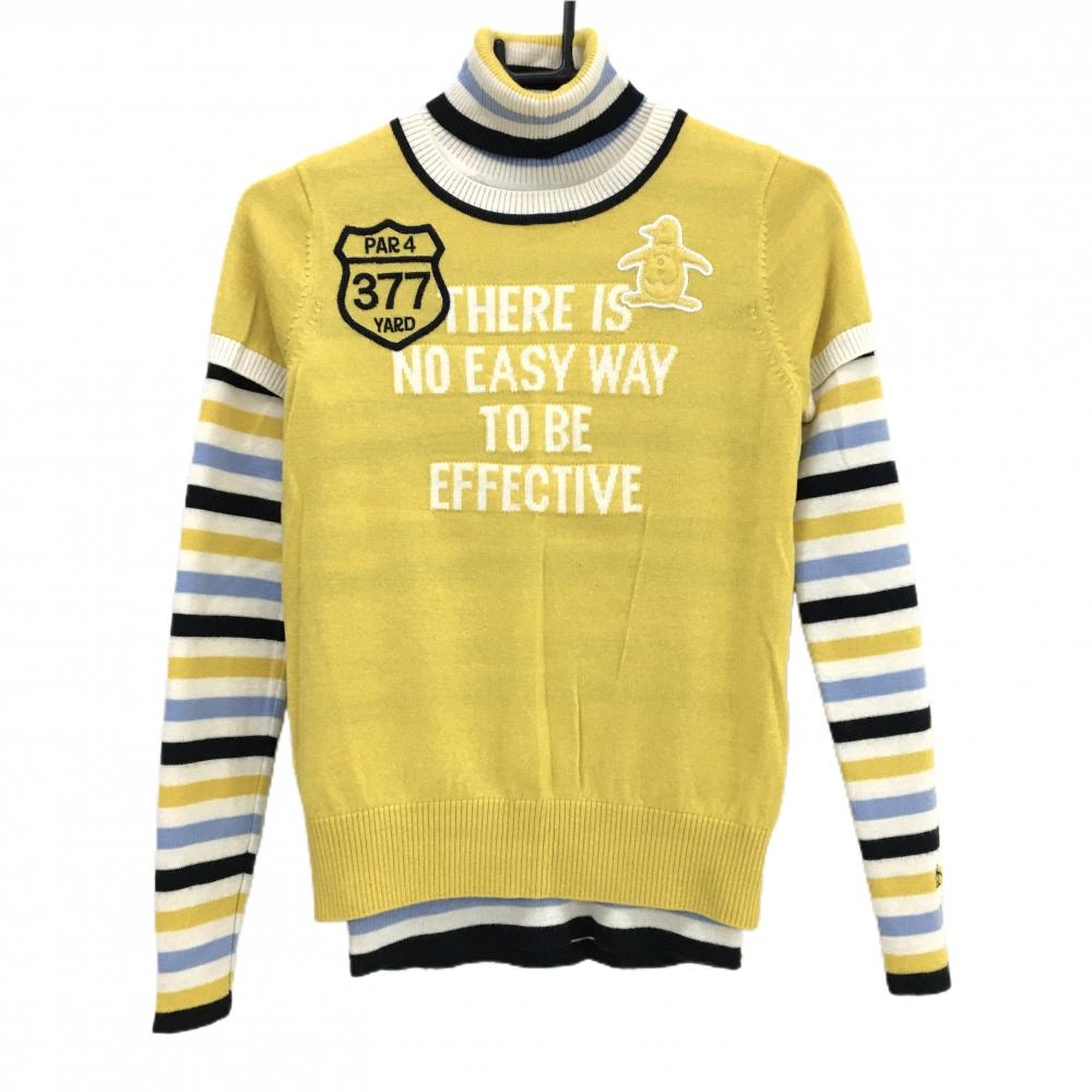 【美品】マンシングウェア 3WAYセーター イエロー×ネイビー×白 ボーダー ハイネックセーター  レディース M ゴルフウェア Munsingwear