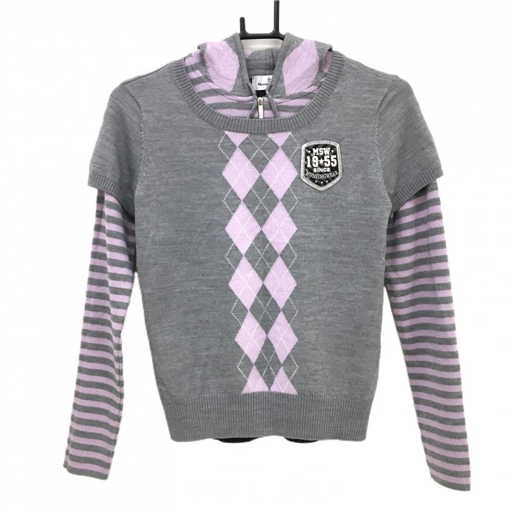 マンシングウェア 2WAYセーター グレー×パープル 前グレンチェック 一部ボーダー 半袖ニット レディース M ゴルフウェア Munsingwear