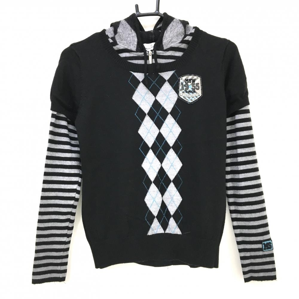 マンシングウェア 2WAYセーター 黒×グレー 前グレンチェック 半袖ニット 異素材インナーパーカー レディース M ゴルフウェア Munsingwear