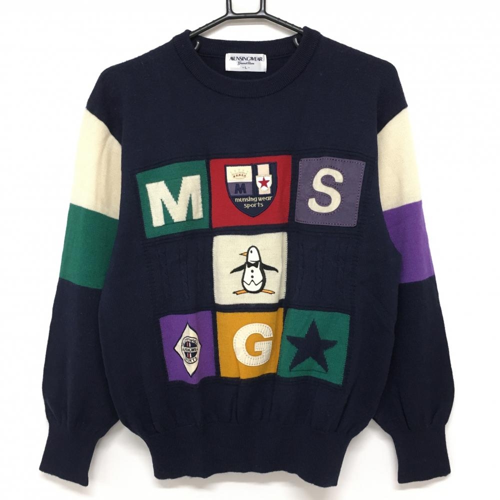 マンシングウェア セーター ネイビー×カルチカラー ニット ウール100％ レディース L ゴルフウェア Munsingwear