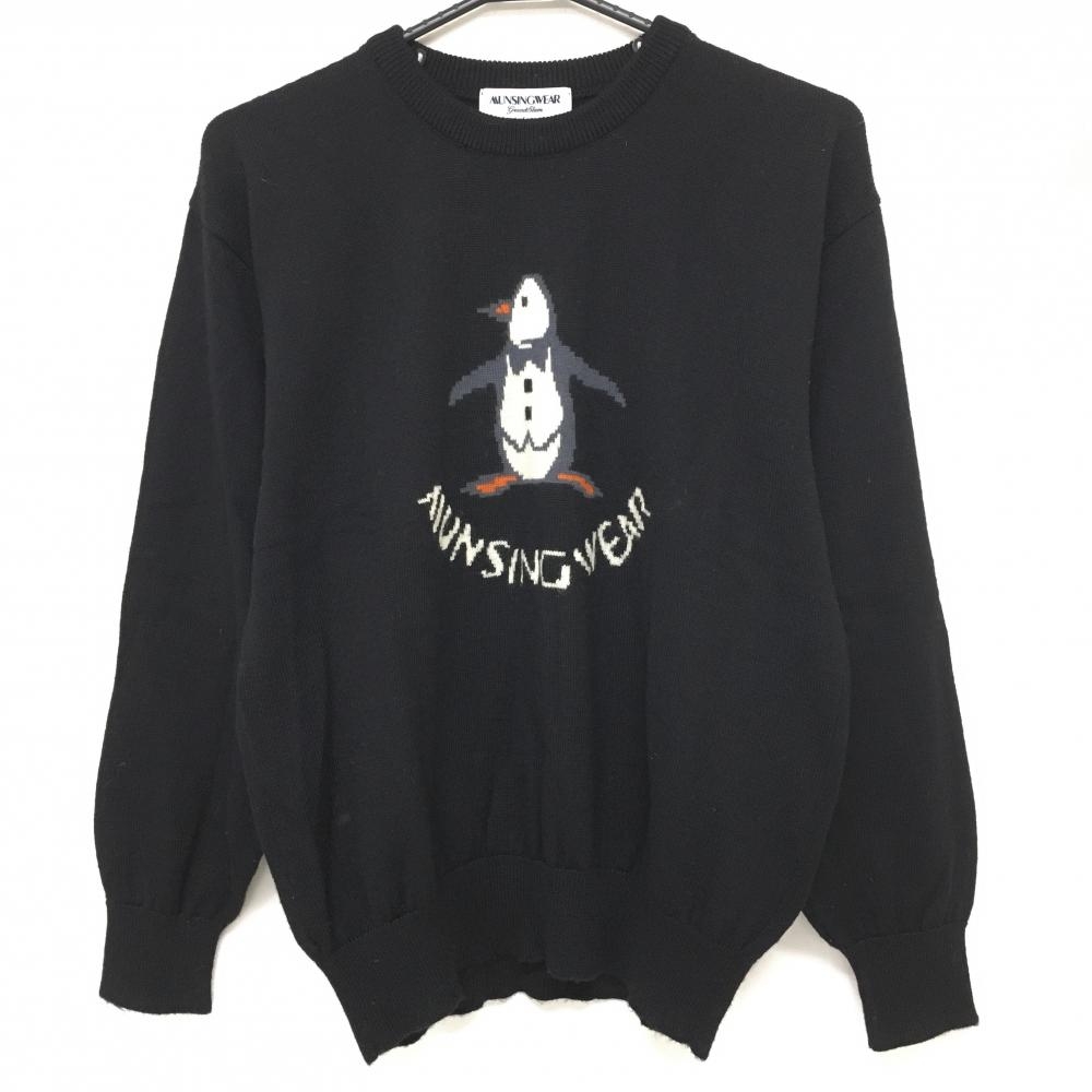 マンシングウェア セーター 黒×白 ニット ウール100％ ビッグロゴ レディース L ゴルフウェア Munsingwear