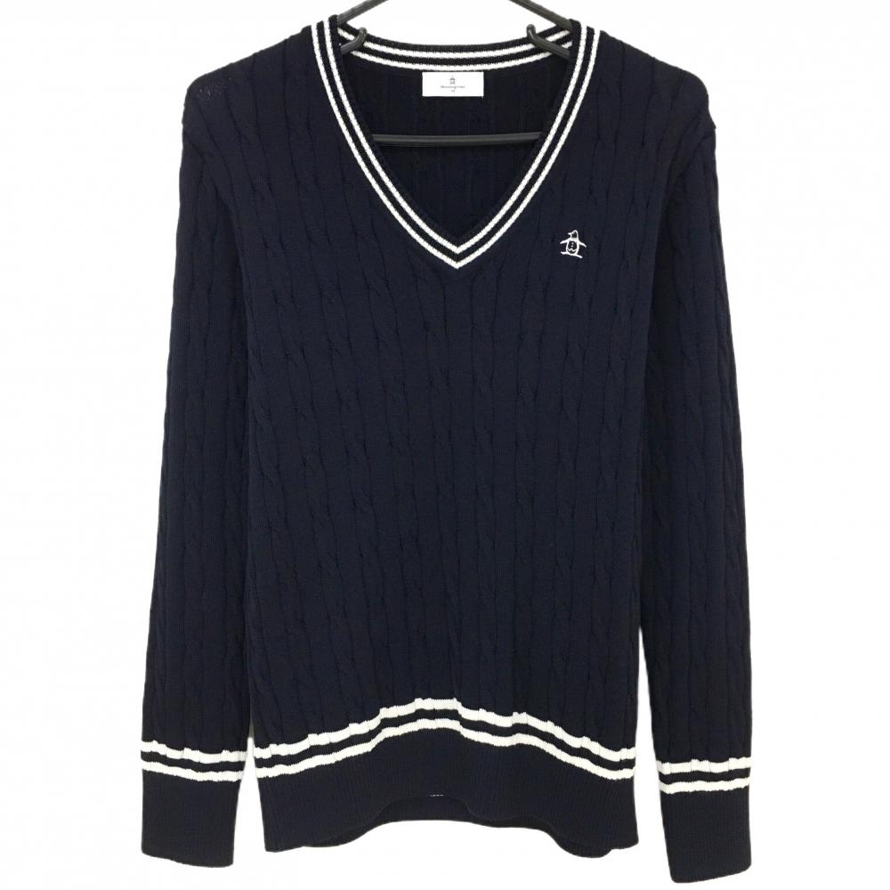【超美品】マンシングウェア セーター ネイビー ネックライン白 ケーブル編み ウール混 Vネック レディース M ゴルフウェア Munsingwear