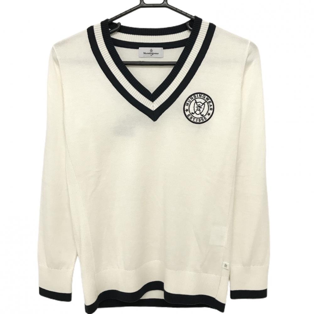 【超美品】マンシングウェア セーター 白×ネイビー ロゴワッペン Vネック アクリル混 ニット レディース M ゴルフウェア Munsingwear