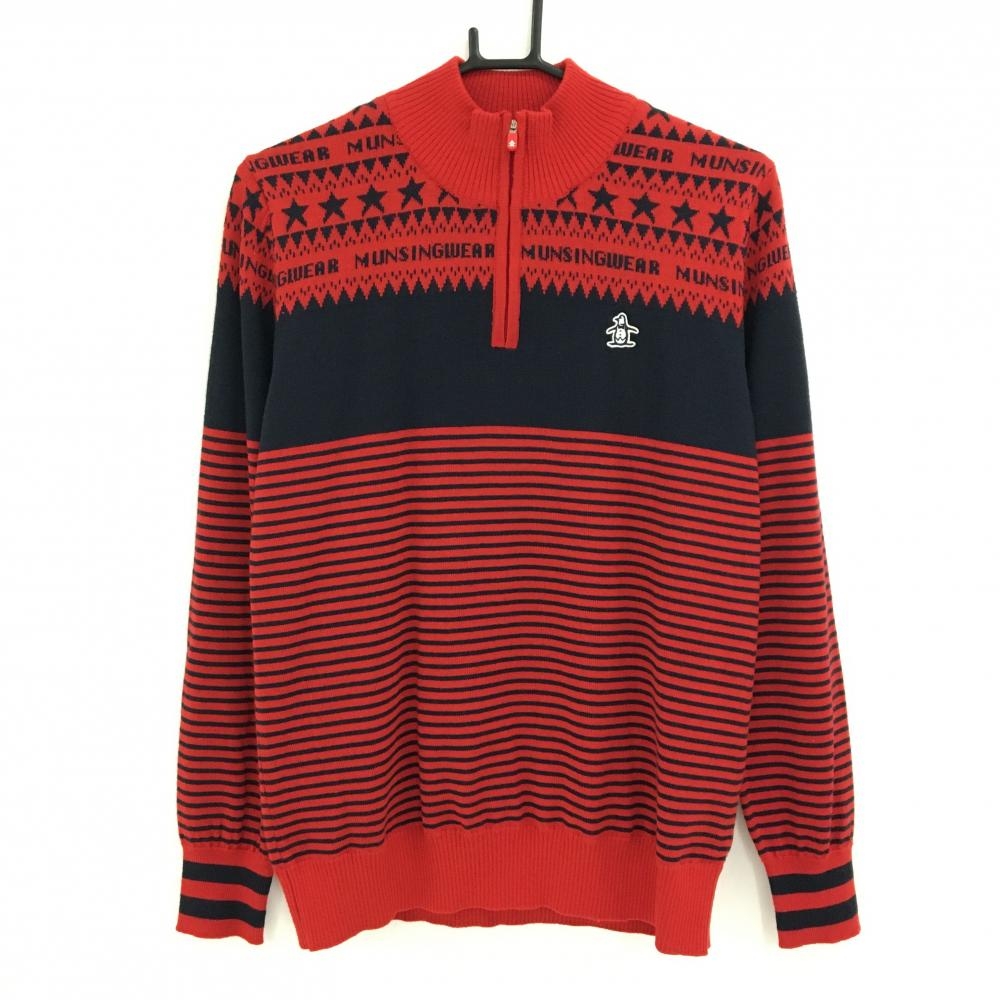 【美品】マンシングウェア ハイネックセーター レッド×ネイビー 下部ボーダー ハーフジップ  レディース LL ゴルフウェア Munsingwear