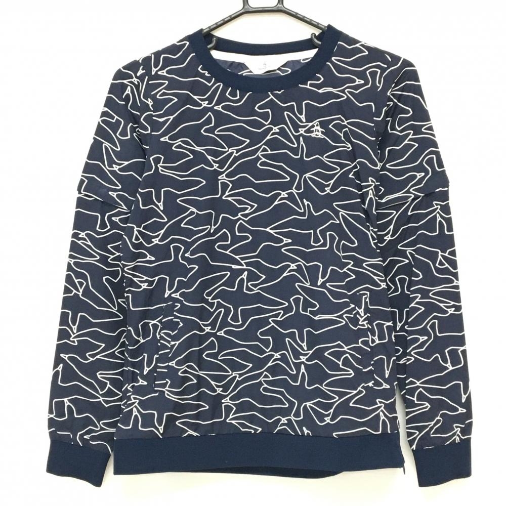 【超美品】マンシングウェア 2WAYスニード ネイビー×白 鳥総柄 ロゴ刺しゅう サイドジップ レディース M ゴルフウェア Munsingwear