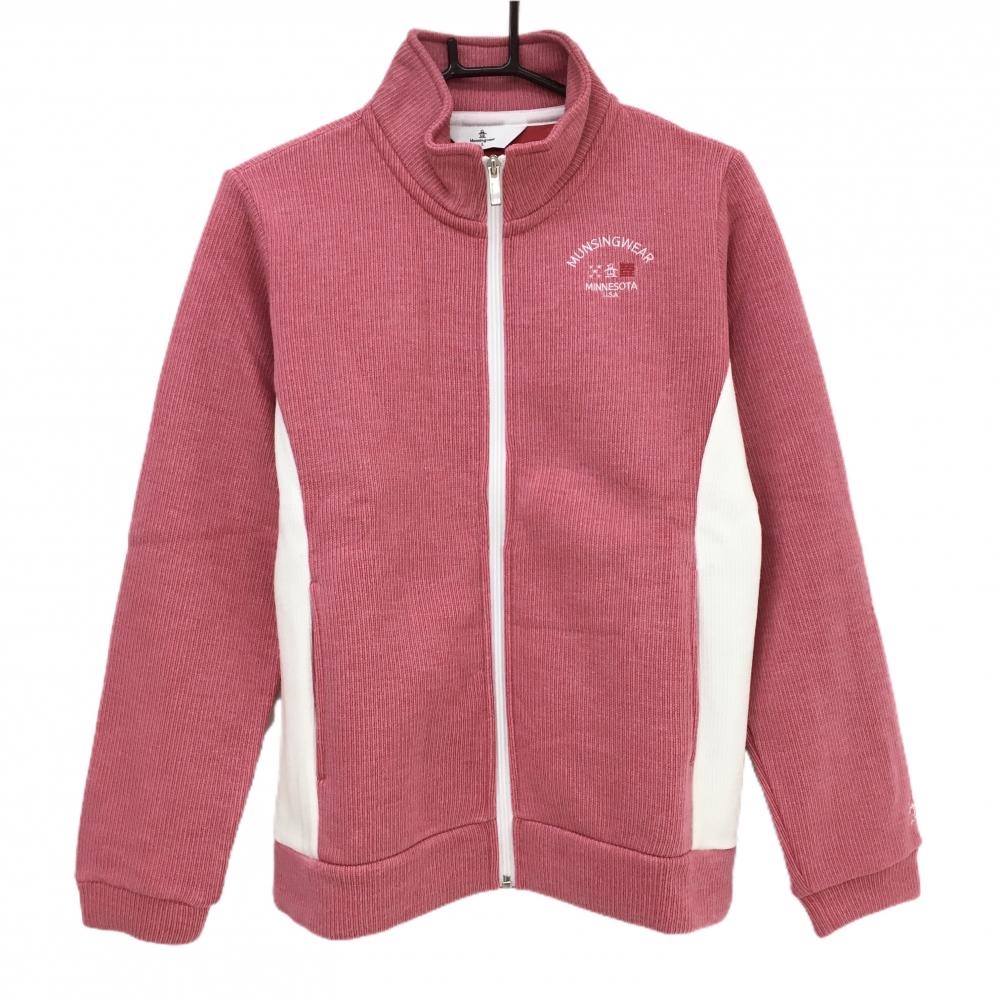 【超美品】マンシングウェア ニットジャケット ピンク×白 裏起毛 アクリル混 レディース L ゴルフウェア Munsingwear