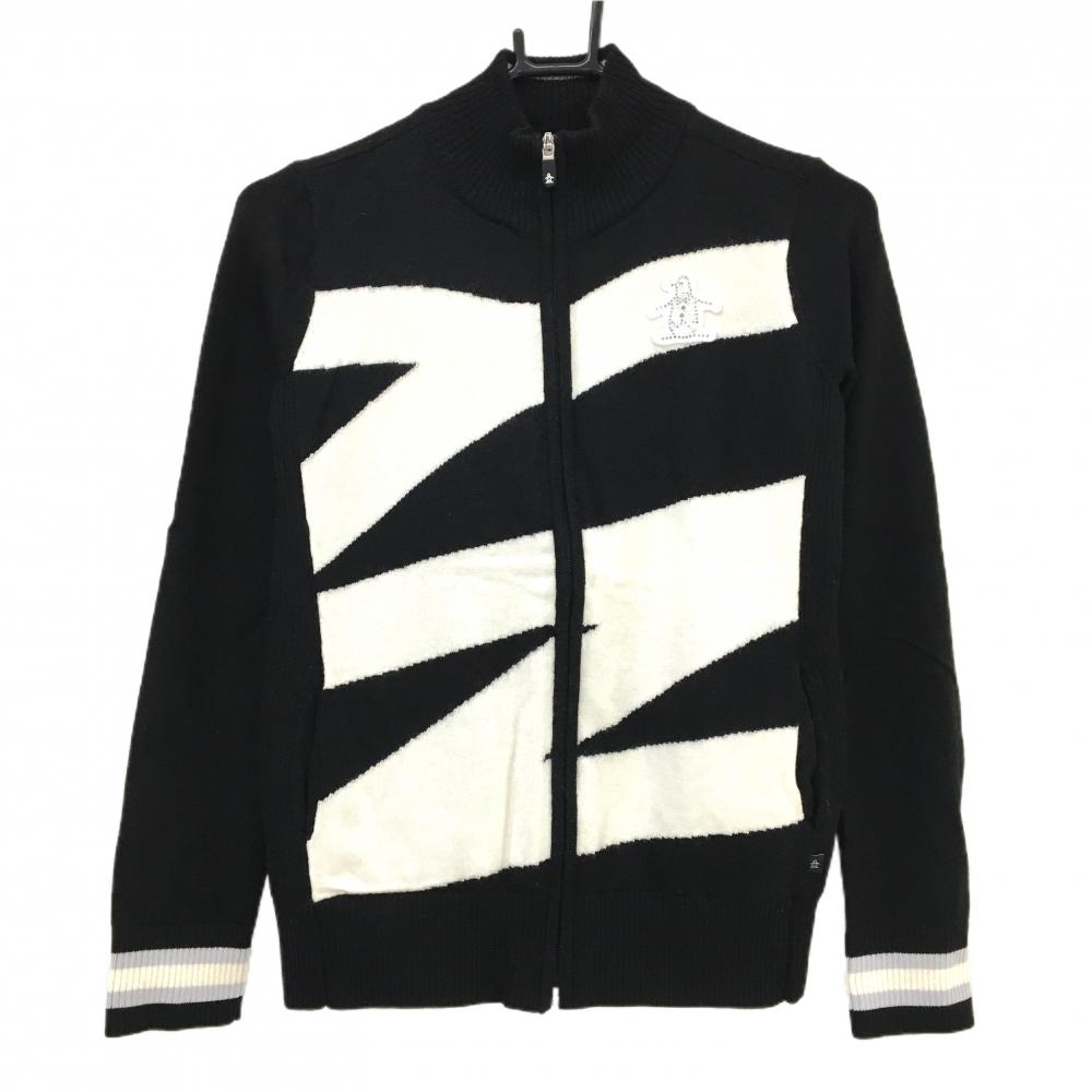 【美品】マンシングウェア ニットジャケット 黒×白 ラインストーン ワッペン 裏地付 レディース M ゴルフウェア Munsingwear