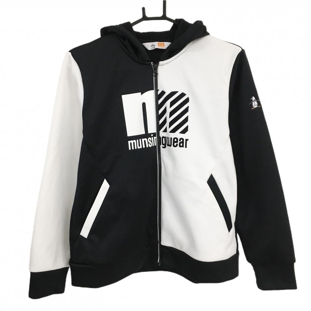 マンシングウェア ジップパーカー 黒×白 バイカラー フロントロゴ 裏微起毛 レディース L ゴルフウェア Munsingwear