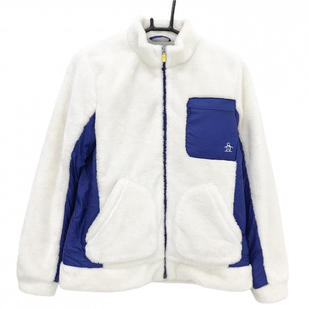 【美品】マンシングウェア ボアジャケット 白×ブルー 胸ポケット ロゴ刺しゅう レディース M ゴルフウェア Munsingwear