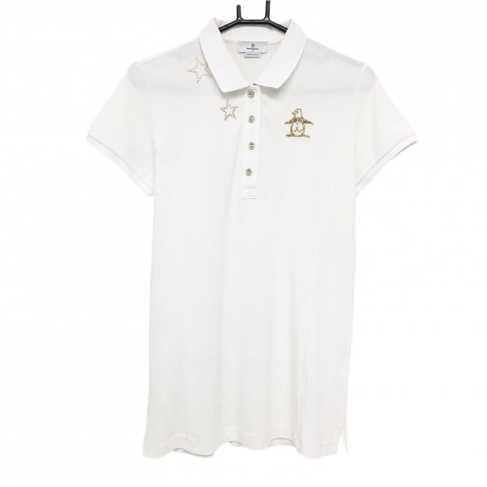 マンシングウェア 半袖ポロシャツ 白×ゴールド ロゴビーズ 星 チュニック丈 襟汚れ レディース L ゴルフウェア Munsingwear