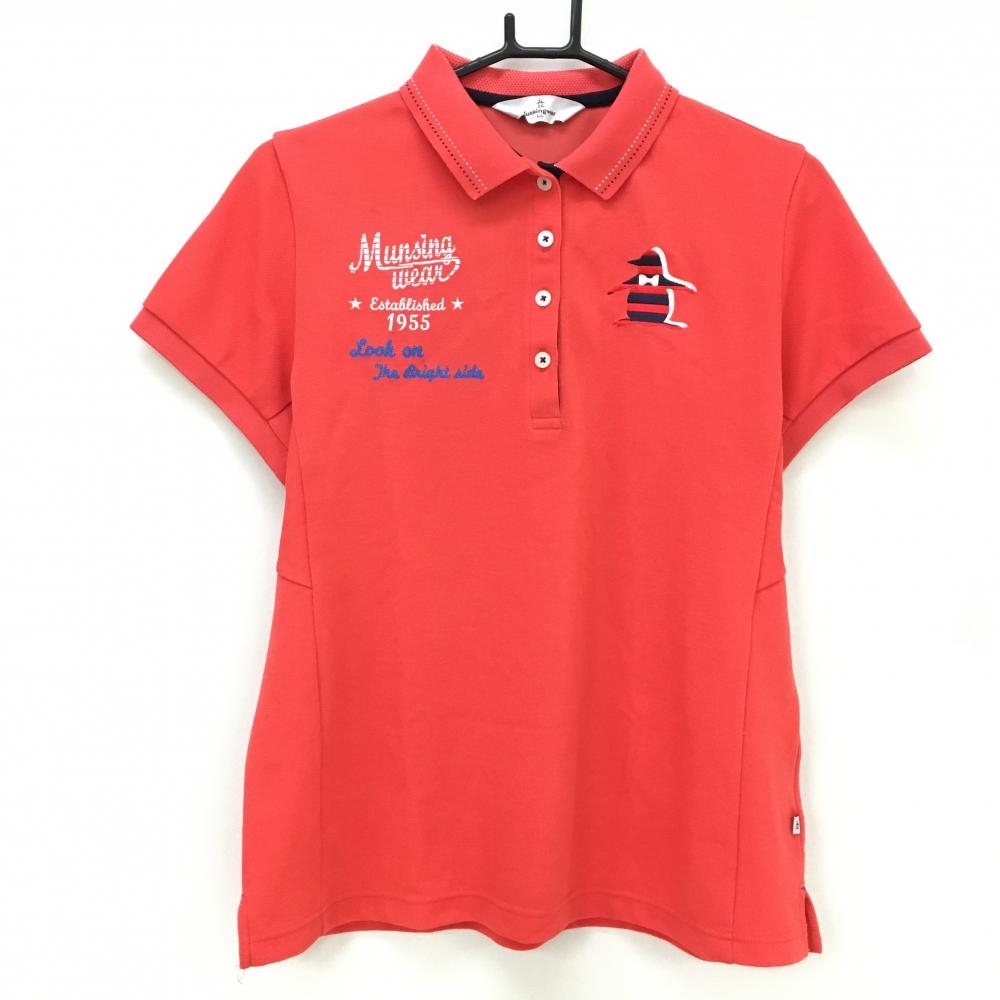 【美品】マンシングウェア 半袖ポロシャツ レッド系 ロゴ刺しゅう 襟ステッチ風 レディース LL ゴルフウェア Munsingwear