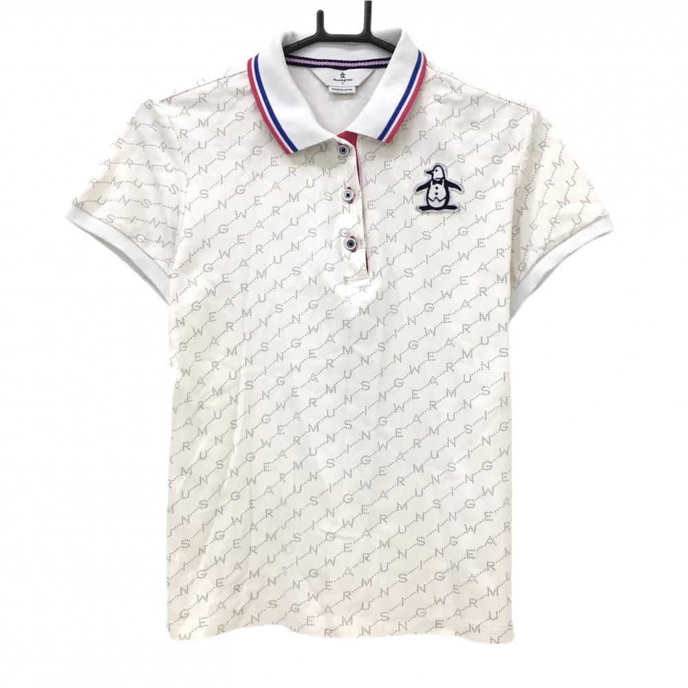 マンシングウェア 半袖ポロシャツ アイボリー×白 ロゴ英字総柄 ペンギンワッペン レディース L ゴルフウェア Munsingwear