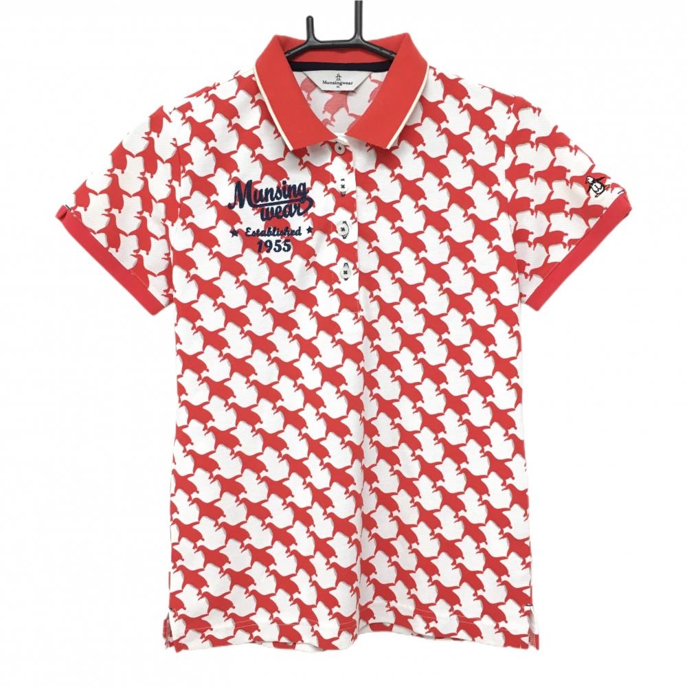マンシングウェア 半袖ポロシャツ 白×レッド ペンギン総柄 レディース M ゴルフウェア Munsingwear