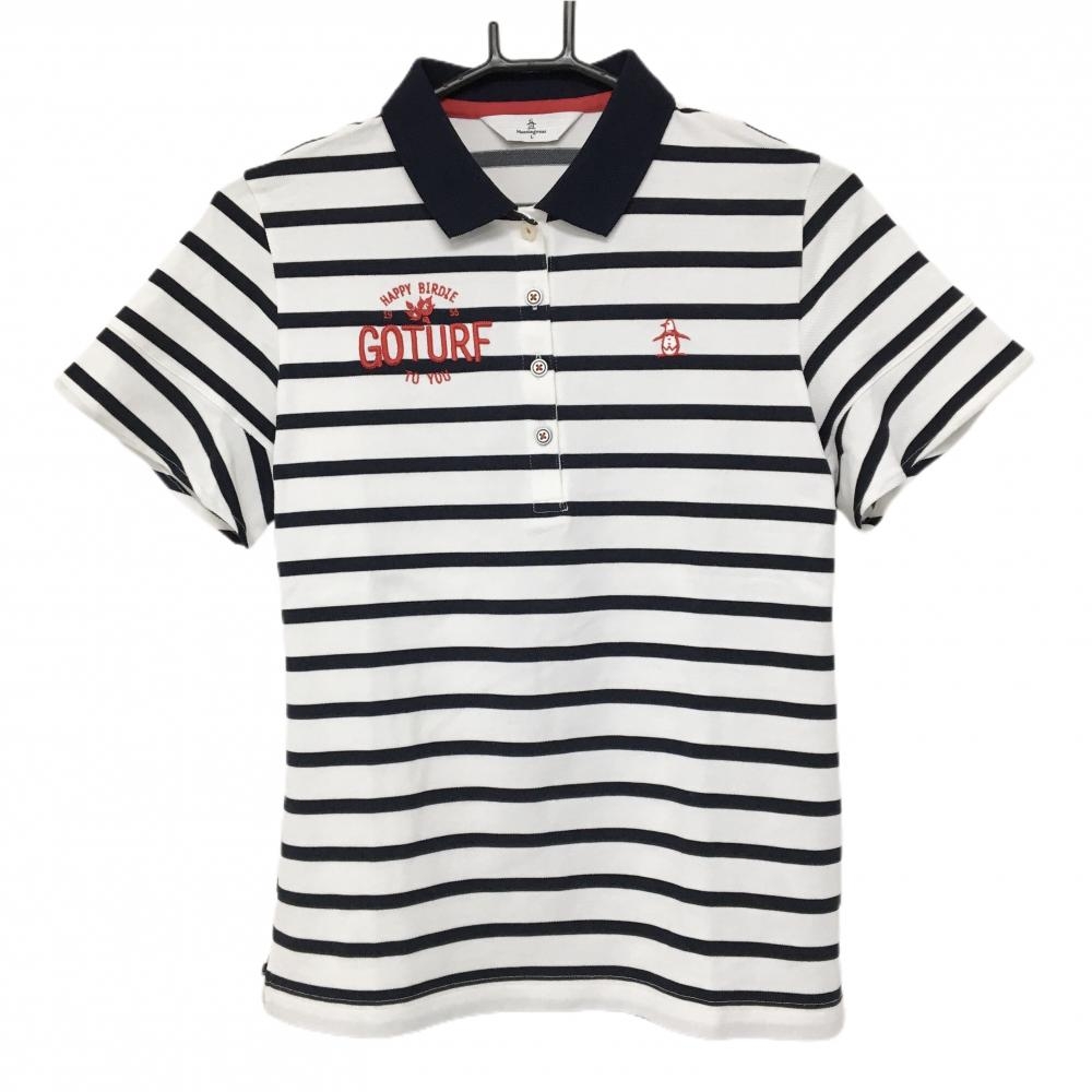 【美品】マンシングウェア 半袖ポロシャツ 白×ネイビー ボーダー 刺しゅう レディース L ゴルフウェア Munsingwear