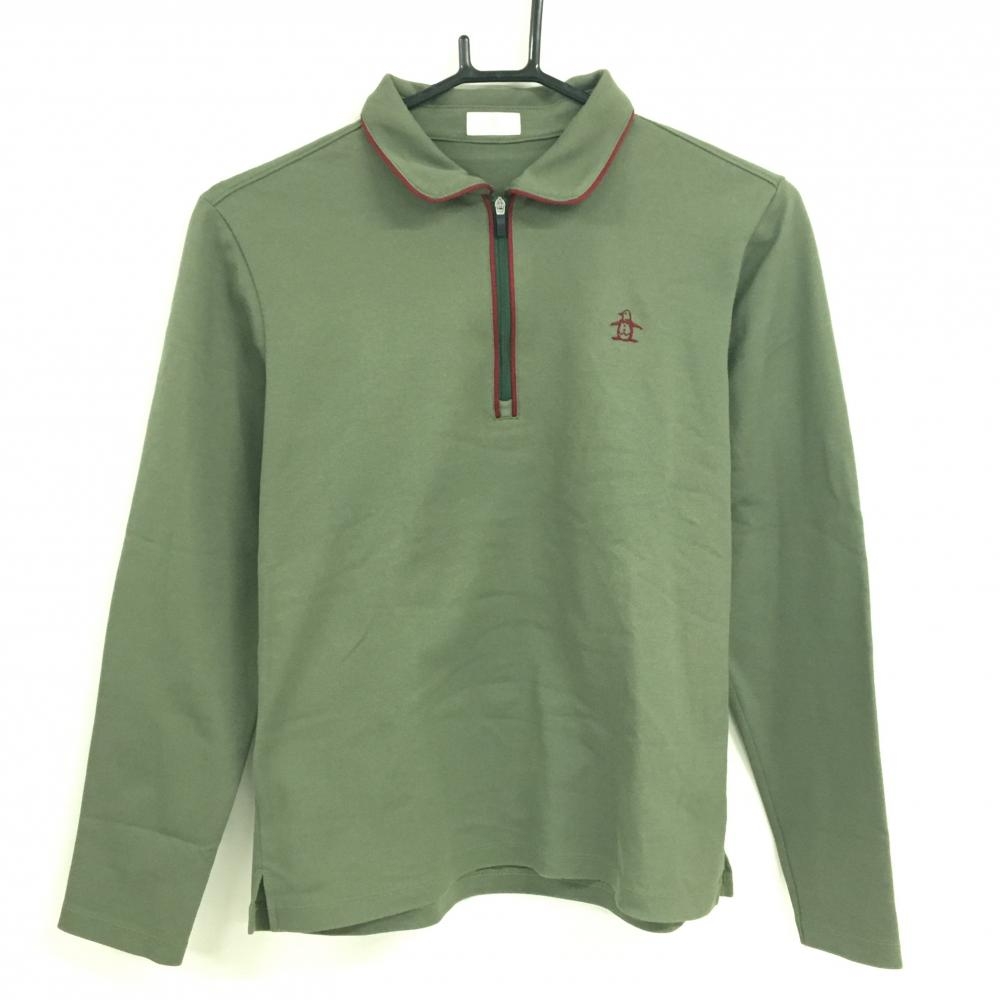 【美品】マンシングウェア 長袖ポロシャツ カーキ系×ボルドー系 ハーフジップ レディース M ゴルフウェア 2023年モデル Munsingwear