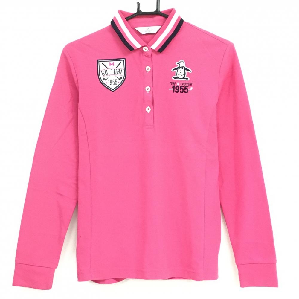 【超美品】マンシングウェア 長袖ポロシャツ ピンク×白 襟ライン ワッペン レディース LL ゴルフウェア Munsingwear