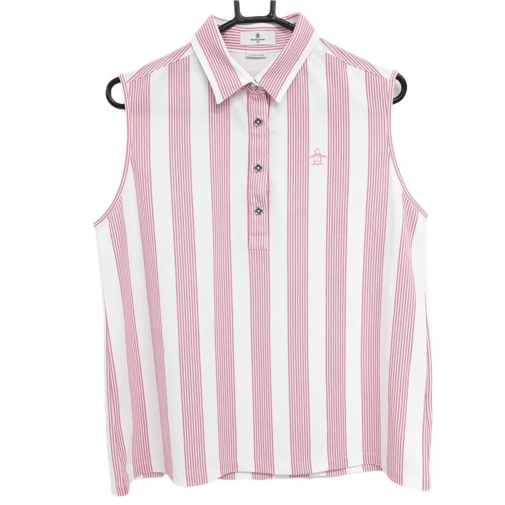 【美品】マンシングウェア ノースリーブポロシャツ 白×ピンク ストライプ ロゴ刺しゅう  レディース LL ゴルフウェア Munsingwear